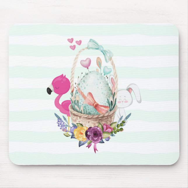 Cute Egg in a Basket with Flamingo and Bunny Mouse Pad (Front)
