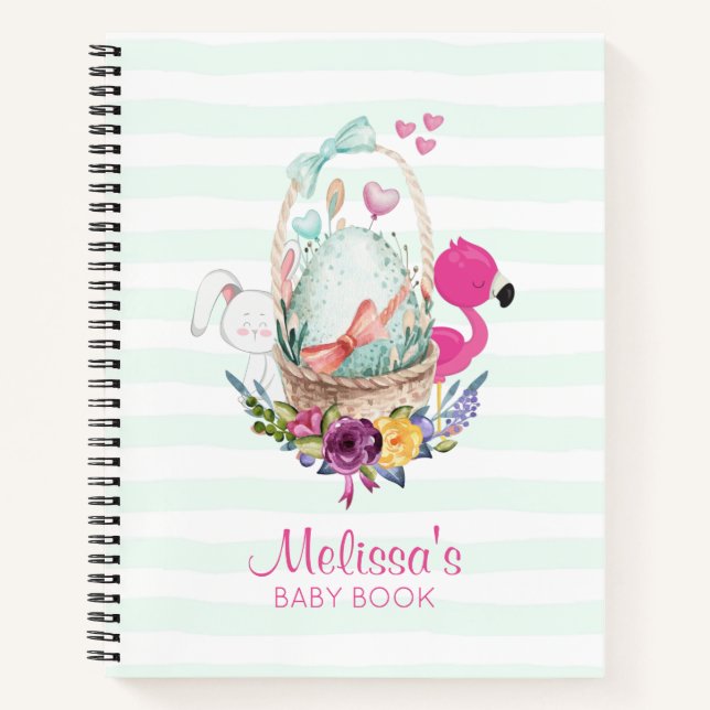 Cute Egg in a Basket with Flamingo and Bunny Notebook (Front)