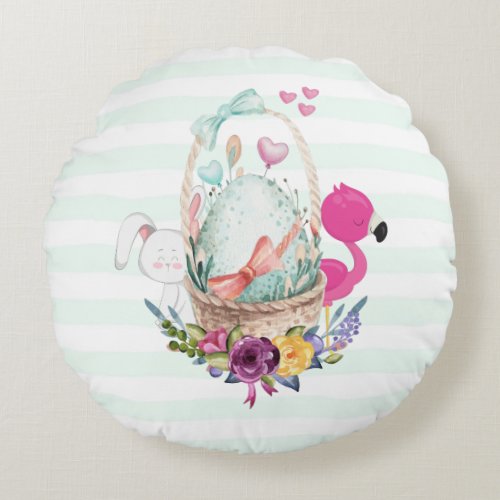 Cute Egg in a Basket with Flamingo and Bunny Round Pillow
