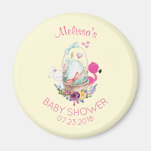 Cute Egg, Pink Flamingo & Bunny, Baby Shower Magnet