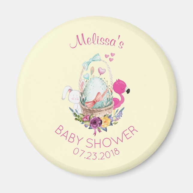 Cute Egg, Pink Flamingo & Bunny, Baby Shower Magnet (Front)