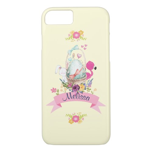 Cute Egg Pink Flamingo  Bunny w Ribbon iPhone 87 Case