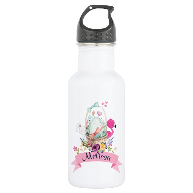 Cute Egg, Pink Flamingo & Bunny, /w Ribbon Stainless Steel Water Bottle (Front)