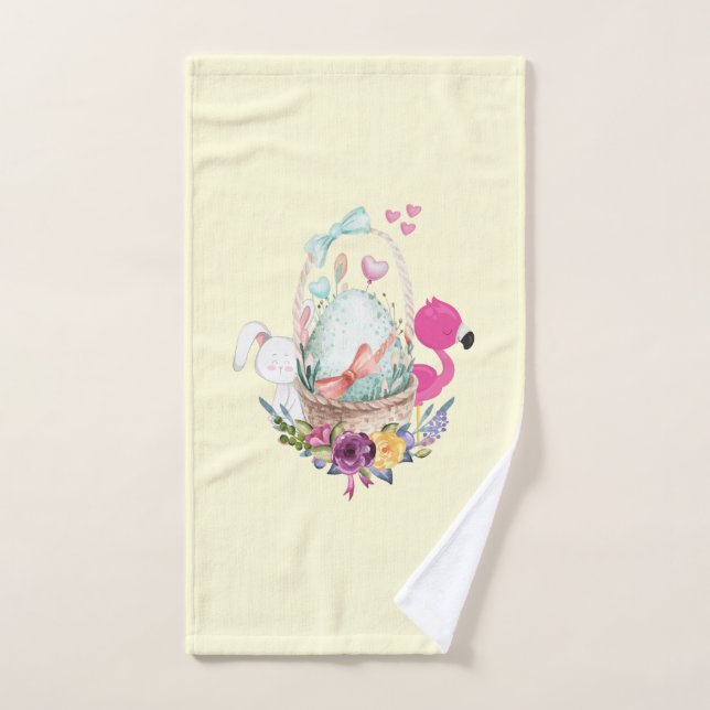 Cute Egg, Pink Flamingo & Bunny, Watercolor Bath Towel Set (Hand Towel)