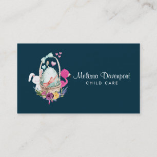 Cute Egg, Pink Flamingo & Bunny Watercolor Business Card