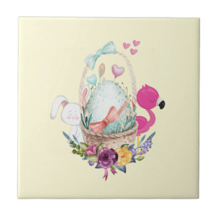 Cute Egg, Pink Flamingo & Bunny, Watercolor Ceramic Tile