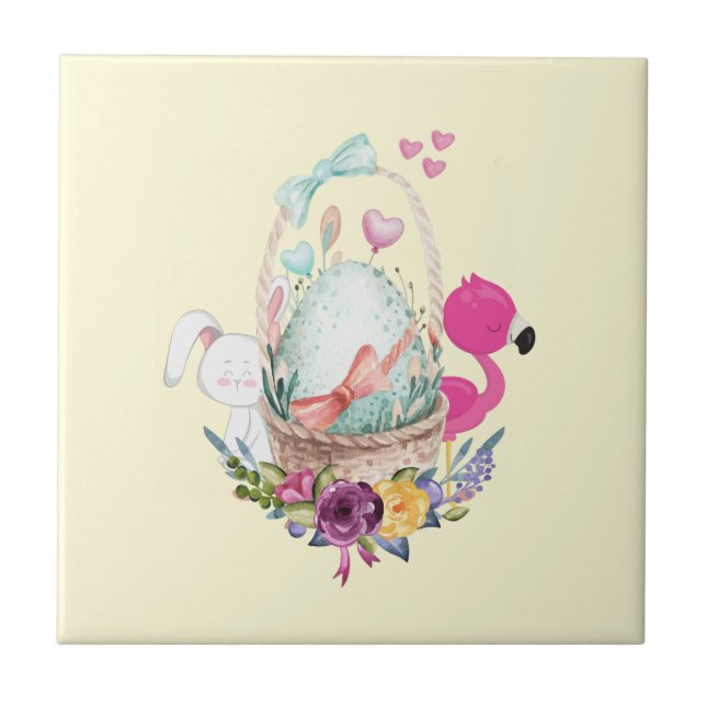 Cute Egg, Pink Flamingo & Bunny, Watercolor Ceramic Tile (Front)