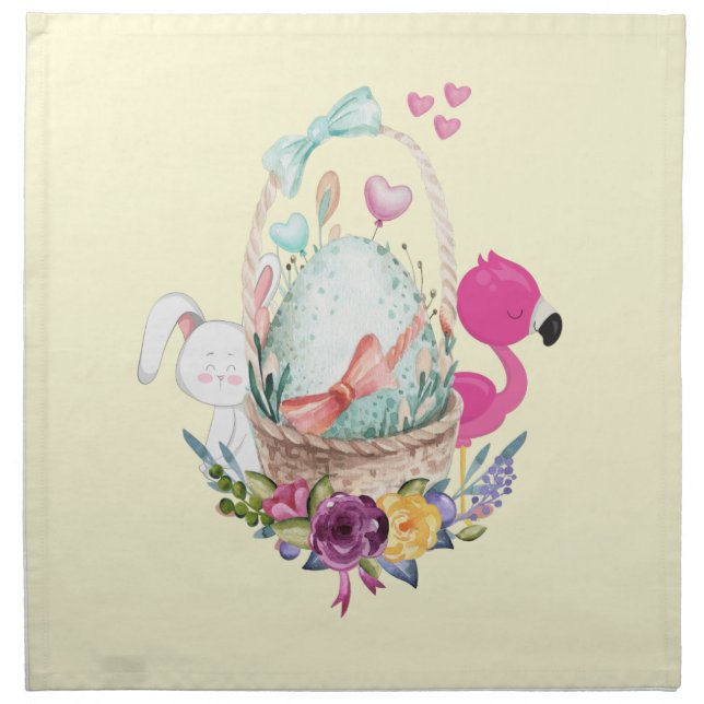 Cute Egg, Pink Flamingo & Bunny, Watercolor Cloth Napkin (Front)