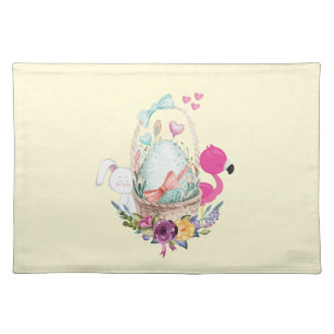 Cute Egg, Pink Flamingo & Bunny, Watercolor Cloth Placemat