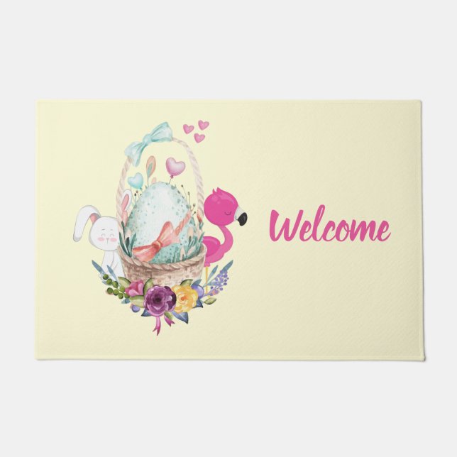 Cute Egg, Pink Flamingo & Bunny, Watercolor Doormat (Front)