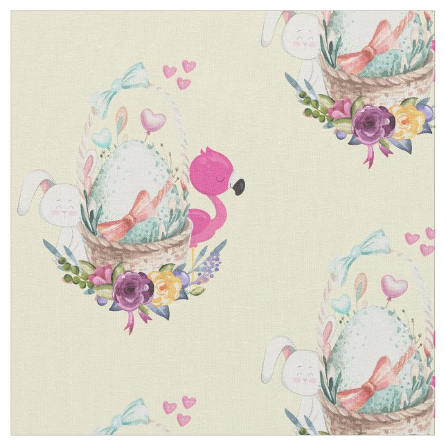 Cute Egg, Pink Flamingo & Bunny, Watercolor Fabric (Close Up)