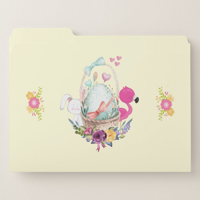 Cute Egg, Pink Flamingo & Bunny, Watercolor File Folder (Front Left)