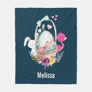 Cute Egg, Pink Flamingo & Bunny, Watercolor Fleece Blanket