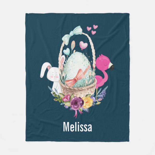 Cute Egg, Pink Flamingo & Bunny, Watercolor Fleece Blanket (Front)