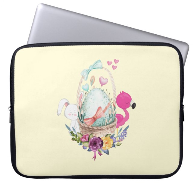 Cute Egg, Pink Flamingo & Bunny, Watercolor Laptop Sleeve (Front)