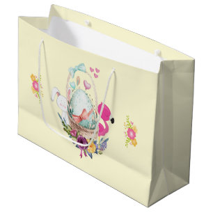 Cute Egg, Pink Flamingo & Bunny, Watercolor Large Gift Bag