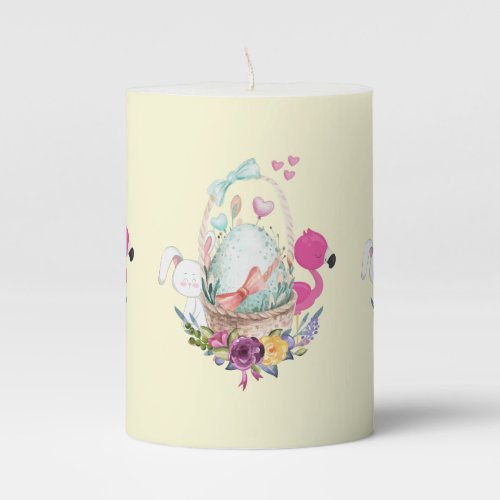 Cute Egg Pink Flamingo  Bunny Watercolor Pillar Candle