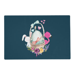 Cute Egg, Pink Flamingo & Bunny, Watercolor Placemat