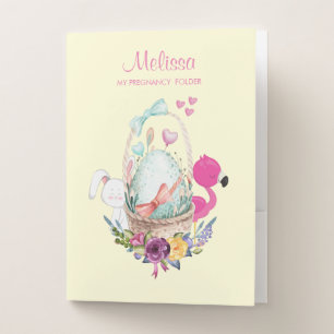 Cute Egg, Pink Flamingo & Bunny, Watercolor Pocket Folder