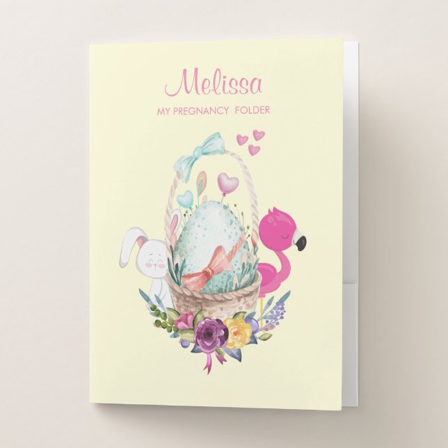 Cute Egg, Pink Flamingo & Bunny, Watercolor Pocket Folder (Front)
