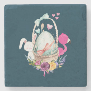Cute Egg, Pink Flamingo & Bunny, Watercolor Stone Coaster