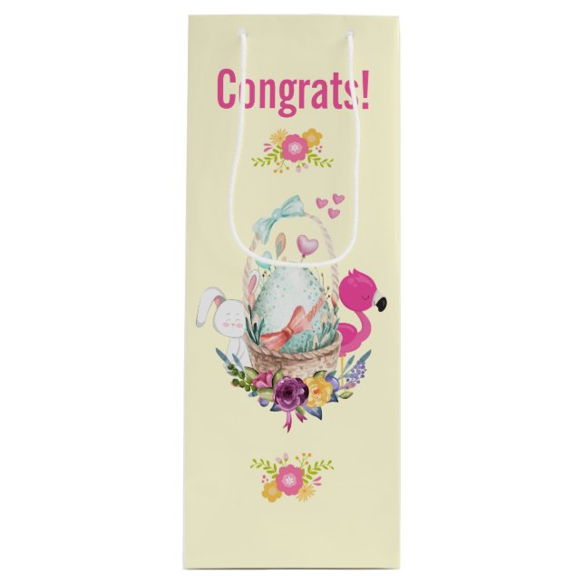Cute Egg, Pink Flamingo & Bunny, Watercolor Wine Gift Bag (Front)