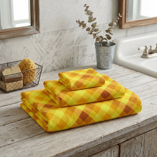 Cute Egg Yolk Yellow Plaid Bath Towel Set (Cute Egg Yolk Yellow Plaid Bath Towel Set folded on a counter in a farmhouse style bathroom.)