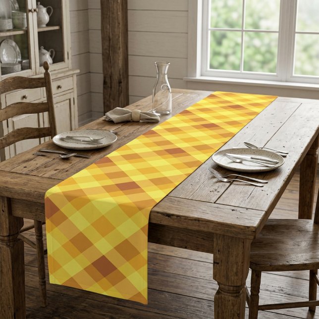 Cute Egg Yolk Yellow Plaid Large Table Runner (Cute Egg Yolk Yellow Plaid Large Table Runner draped over a table in a farmhouse style dining room.)