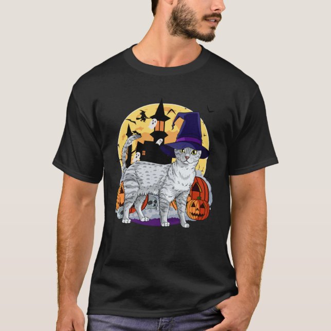 Cute Egyptian Mau Cat Halloween Witch Pumpkin T-Shirt (Front)