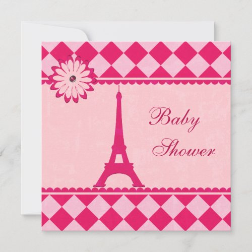 Cute Eiffel Tower Argyle Pink Baby Shower Personalized Invitation