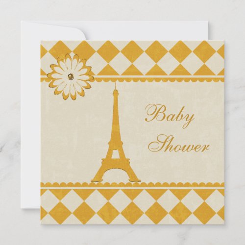 Cute Eiffel Tower Argyle Yellow Baby Shower Announcement