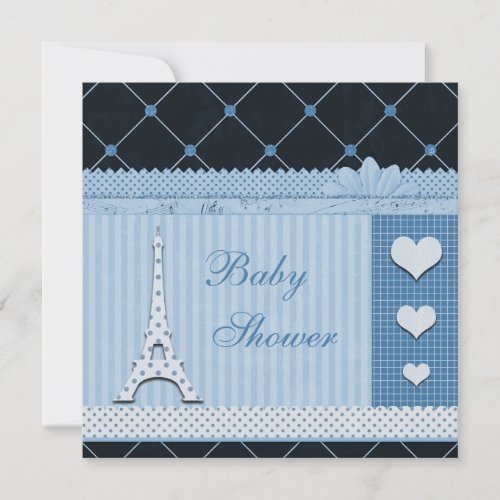 Cute Eiffel Tower Blue Polka Dots Baby Shower Invitation