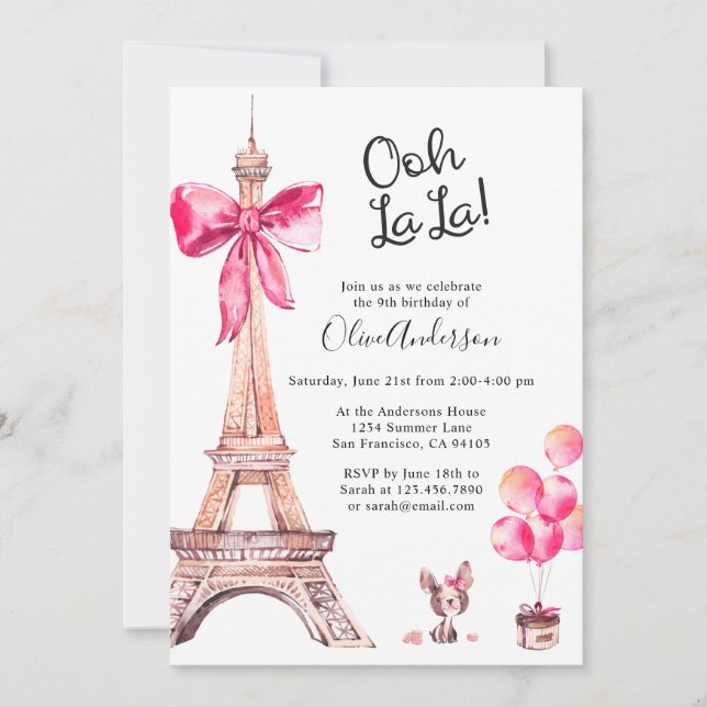 Cute Eiffel Tower Paris Birthday Invitations (Front)