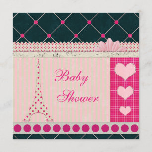 Cute Eiffel Tower Pink Polka Dots Baby Shower Invitation