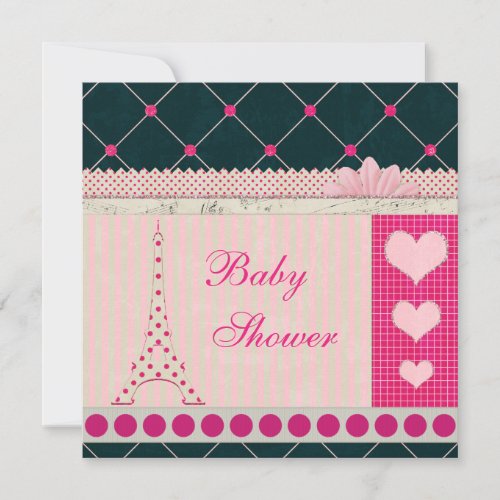 Cute Eiffel Tower Pink Polka Dots Baby Shower Invitation