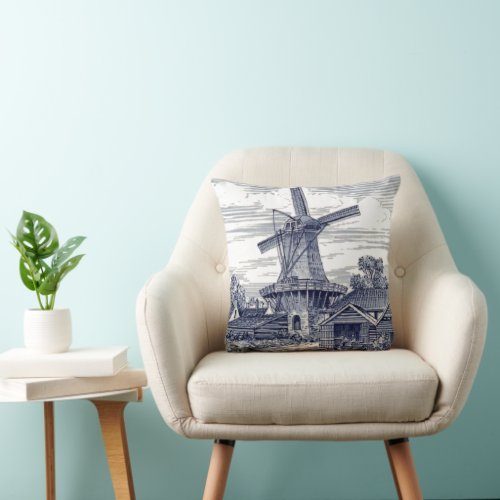 Cute Elegant Antique Delft Blue Dutch Windmill Throw Pillow