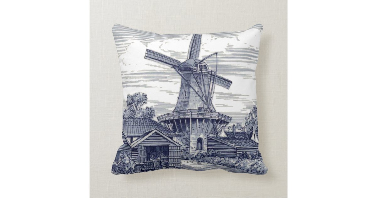 Cute Elegant Antique Delft Blue Dutch Windmill Throw Pillow Zazzle