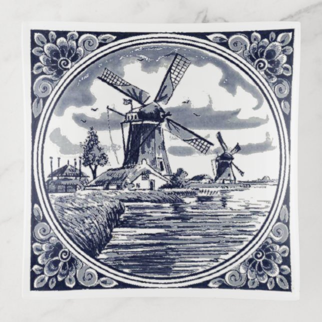 Cute Elegant Antique Delft Blue Dutch Windmill Trinket Tray (Front)