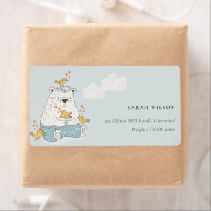 Cute Elegant Aqua Blue Bear Heart Birds Address Label