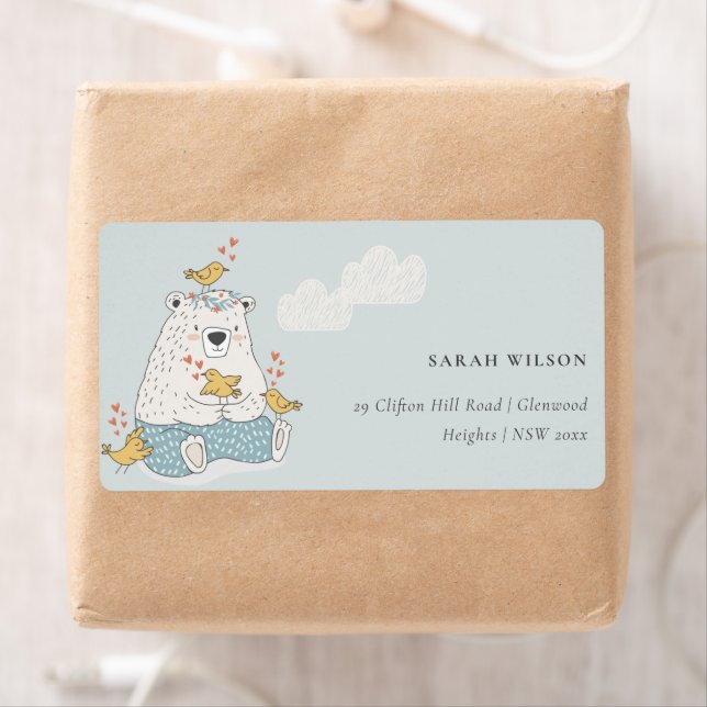 Cute Elegant Aqua Blue Bear Heart Birds Address Label (Insitu)