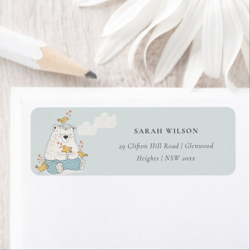 Cute Elegant Aqua Blue Bear Heart Birds Address Label