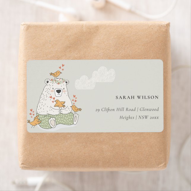 Cute Elegant Aqua Green Bear Heart Birds Address Label (Insitu)