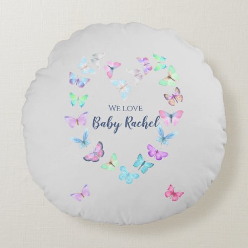 Cute elegant baby butterfly heart light gray round pillow