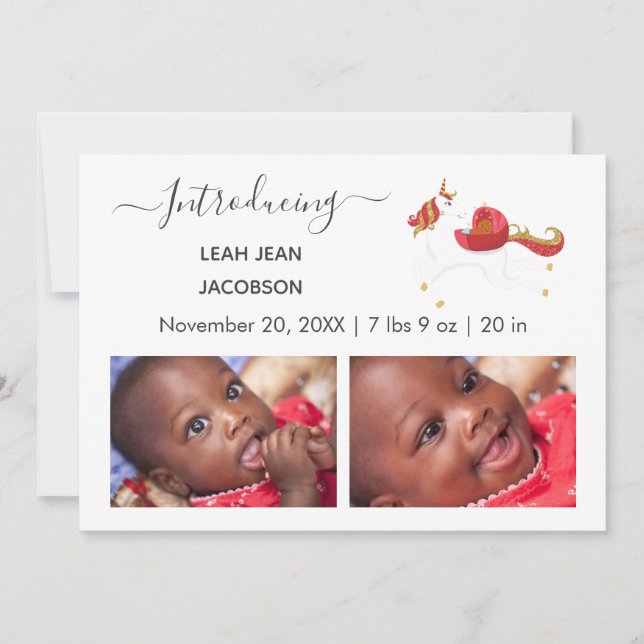 Cute Elegant Baby Photo Birth Announcement Unicorn (Front)