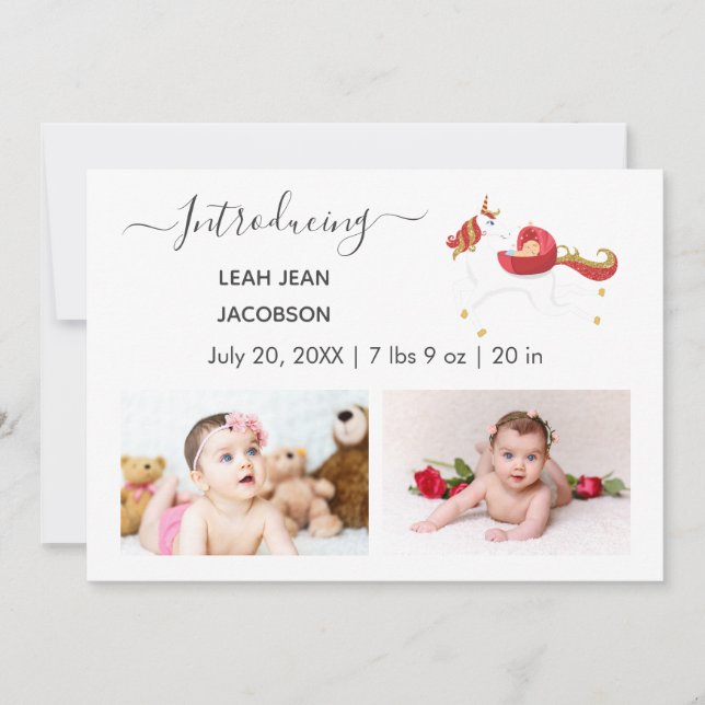 Cute Elegant Baby Photo Birth Announcement Unicorn (Front)