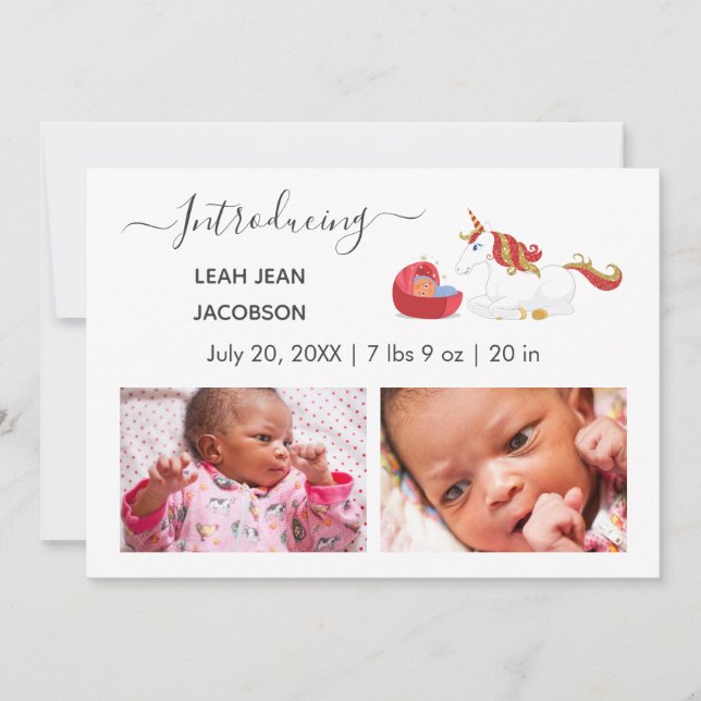 Cute Elegant Baby Photo Birth Announcement Unicorn (Front)