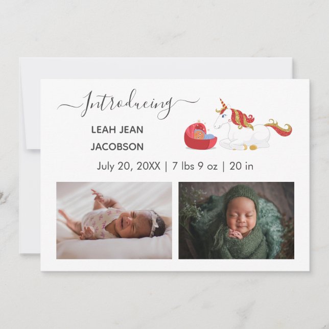 Cute Elegant Baby Photo Birth Announcement Unicorn (Front)
