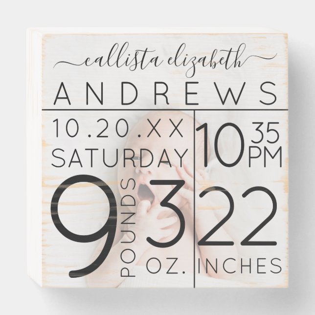 Cute Elegant Birth Stats New Baby Photo Wooden Box Sign (Front Horizontal)