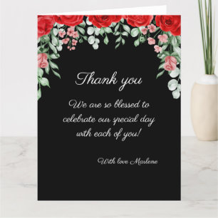 Cute Elegant Black And Red Floral Wedding Letterpress Thank You Card