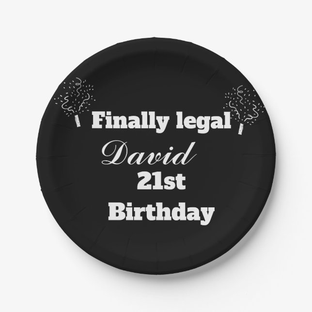Cute Elegant Black Finally Legal 21st Birthday  Paper Plates (Front)